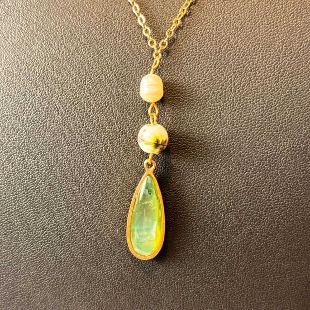 Pendant Necklace Gold Green Teardrop Floral Rose Bead Cottagecore Whimsygoth
